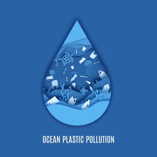 illustrazioni stock, clip art, cartoni animati e icone di tendenza di poster sull'inquinamento da plastica oceanica. la goccia di carta tagliata forma profondità sotto la grotta marina d'acqua con pesci, barriera corallina, fondali marini nelle alghe, onde spazzatura usa e getta per stoviglie. concetto vettoriale giornata m - seaweed sea pattern green