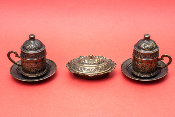 Traditional Turkish coffee cups, authentic, oriental on orange background