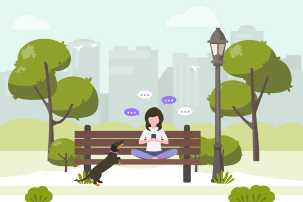 Young woman sitting in city park and sending messages with smartphone. People and mobile technology flat illustration. Young woman sitting in city park and sending messages with smartphone. Stock vector. People and mobile technology flat illustration, chat, mobile messengers, communication in the modern world. girl texting on phone stock illustrations