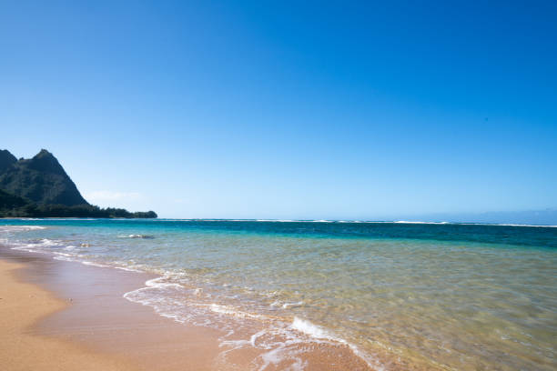 The famous Hanalei bay. A popular destination for locals and tourists. With its white sand beach and scenic surroundings.