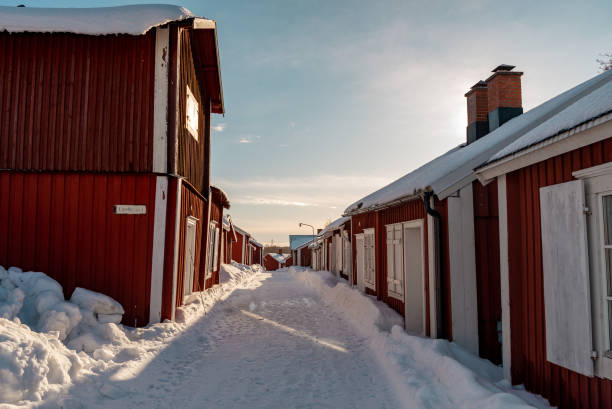 冬のスカンジナビアの木造住宅 - sweden cottage winter snow ストックフォトと画像