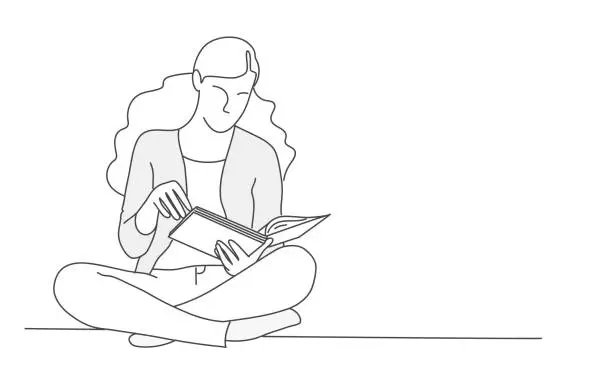 Vector illustration of Woman sits in lotus position with book.