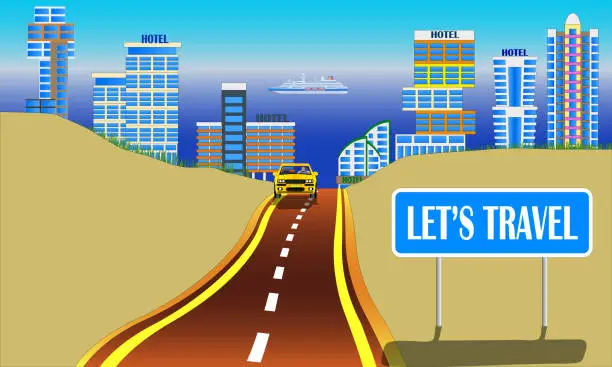 Vector illustration of Road travel concept, with city and sea on background, vector