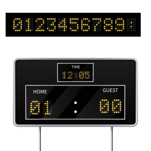 Realistic vector 3D digital modern sports scoreboard. Digital led display to displaying the result of the game. Realistic vector 3D digital modern sports scoreboard. Digital led display to displaying the result of the game. As well as a set of numbers for the scoreboard pics for football graphics stock illustrations