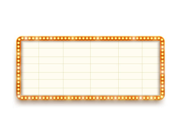 Realistic 3D light bulb frame retro style. Realistic 3D light bulb frame retro style. Ðrange frame with yellow luminous bulbs empty template for cinema signboard retro design isolated on white background premiere event stock illustrations