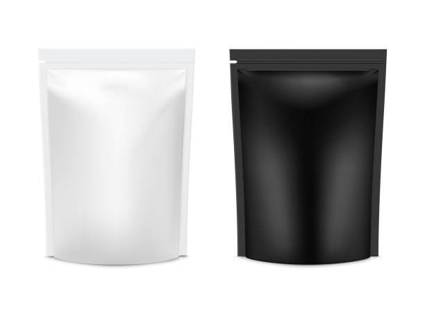 istock Realistic vector mock up plastic Black and white Food Stand Up Flexible Pouch Sachet set. 1209726427