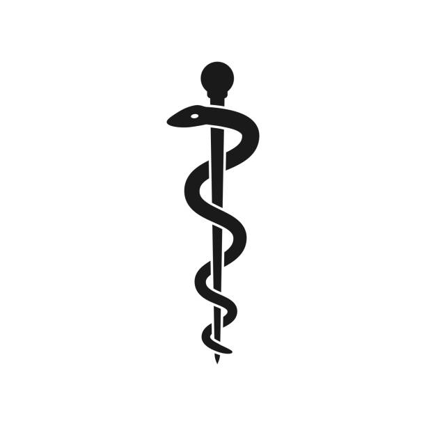 ilustraciones, imágenes clip art, dibujos animados e iconos de stock de varilla de asclepius farmacia icono de vector negro. - serpiente