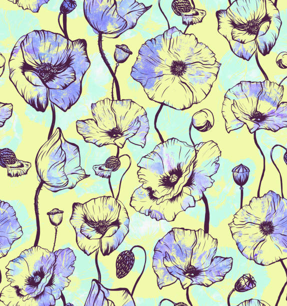 ручная нарисованная бесшовная узор с яркой абстрактной головой цветка мака - stem poppy fragility flower stock illustrations