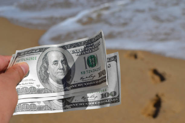 ragazza in possesso di una fattura di denaro di 300 dollari sullo sfondo dell'oceano marino - arrival currency human hand dollar sign foto e immagini stock