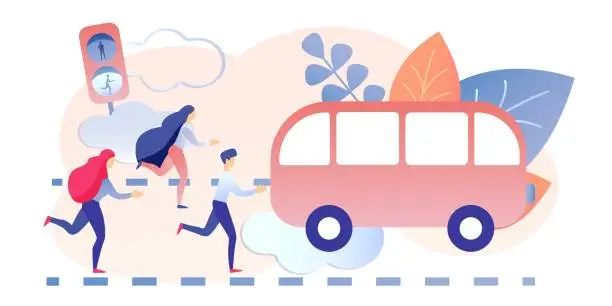 Vector illustration of Cartoon People Run to Bus Hands in Pray Gesture