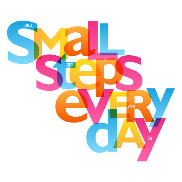 SMALL STEPS EVERY DAY colorful typography banner SMALL STEPS EVERY DAY colorful vector inspirational words typography banner thinking fast and slow stock illustrations