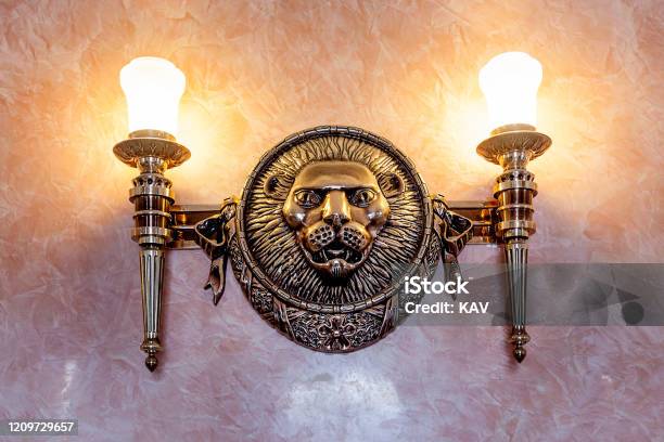 Lion Sculpture Vintage Decoration On The Wall Stock Photo - Download Image Now - Ancient, Animal Body Part, Animal Head