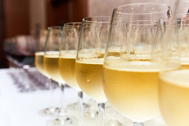 istock Glasses of white wine on bar counter 1209729739