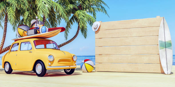 istock Small retro car with baggage and beach equipment , empty white wooden board on the right side, ready for summer vacation, 3d render, 3d illustration 1209731474