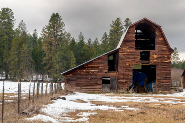 istock Wood barn in a snow field 1209734151
