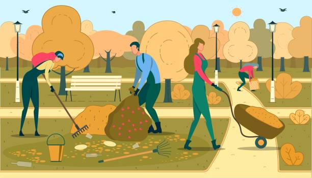 ilustrações de stock, clip art, desenhos animados e ícones de volunteers cleaning park flat vector illustration - wasting time