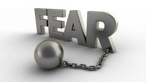 Fear text with chain and weight isolated on a white background. 3D-rendering.