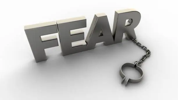 Fear text with chain and weight isolated on a white background. 3D-rendering.
