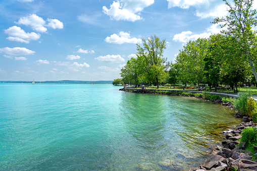relaxation peaceful landscape at the coast of Lake Balaton Hungary with turquoise clean water .