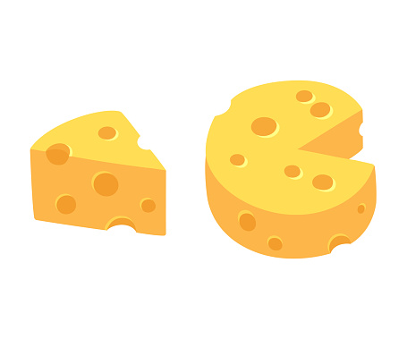 Cartoon cheese illustration. Triangle piece, cut out of wheel of cheese. Simple and cute flat vector style icon.
