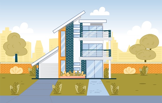 Modern Suburb House Exterior Building with Garage and Two Balcony. Suburban Architecture. Real Estate Property, Mortgage Loan. Prestige Real Estate Property. Expensive Dwelling. Vector Illustration