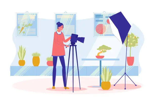 Vector illustration of Photographer or Photo Artist Woman Shooting Plant.