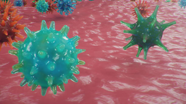 ausbruch des coronavirus, des grippevirus und des 2019-ncov. konzept einer pandemie, epidemie für menschliche zellen. covid-19 unter dem mikroskop, erreger, der die atemwege beeinflusst. 3d-illustration - dna epidemiology patient science stock-fotos und bilder