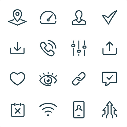 Contacts and Settings icons set #04
Specification: 16 icons, 36x36 pх, stroke weight 2 px
Features: Pixel Perfect, Unicolor, Single line 

First row of icons contains:
Map, Speedometer, User, Check Mark;

Second row contains:
Inbox, Call, Equalizer, Outbox;

Third row contains:
Love, Eye, Lock, Speech Bubble;

Fourth row contains:
Calendar, Wireless Technology, Mobile Phone, Growing Arrows.

Complete MICO collection - https://www.istockphoto.com/collaboration/boards/UUv7uLop-06yEw9xnOBMNg