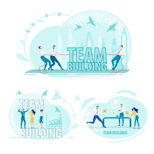 Effective Team Building Event, Three Pictures Set Important and Pleasant Event for Building United Business Team. White Collars, Pulling Rope. Effective Financial Experts. Office Workers, Playing Ping Pong. Isolated on White Three Pictures Set. coalition building stock illustrations