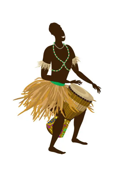 Vector illustration of an African man in a national costume plays an ethnic drum, djembe. Vector illustration in flat style isolated on a white background.