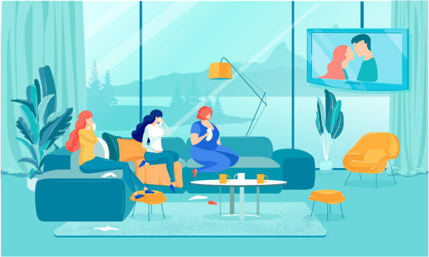 Girlfriends Watching Drama Movie on TV Set at Home Best Girlfriends Watching Romantic Sad Drama Movie about Love on TV Set. Female Friends Sitting on Couch Crying. Kissing Couple on Screen. Flat Home Living Room Interior. Vector Cartoon Illustration positive negative slide stock illustrations