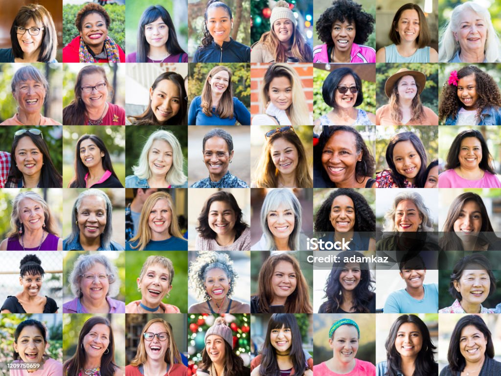 Faces of Women A diverse collection of female portraits, all are positive or smiling, laughing. Only Women Stock Photo
