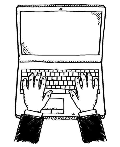 ilustrações de stock, clip art, desenhos animados e ícones de doodle of hands working on laptop computer - wallpaper retro revival computer keyboard computer monitor