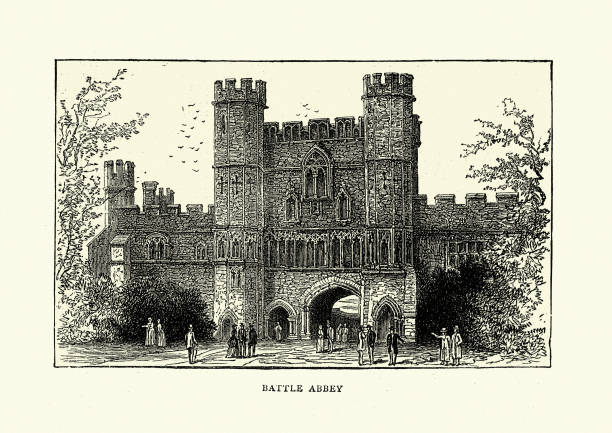 Battle Abbey in the 1870s, East Sussex, England Vintage engraving of Battle Abbey in the 1870s. A partially ruined Benedictine abbey in Battle, East Sussex, England. The abbey was built on the site of the Battle of Hastings and dedicated to St Martin of Tours. Abbey stock illustrations