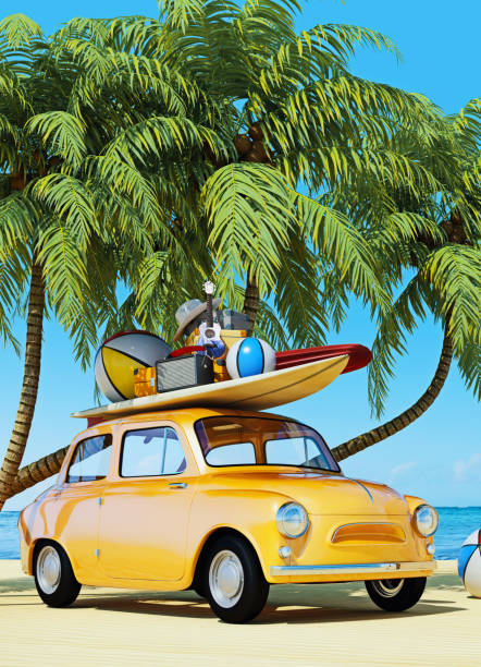 istock Small retro car with baggage and beach equipment, ready for summer vacation, 3d render, 3d illustration 1209756585