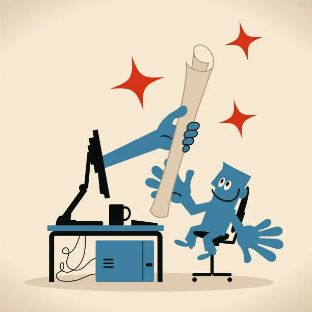 Vector illustration of Blue man working on a computer, a hand comes out of the monitor and gives him a piece of paper which is rolled up