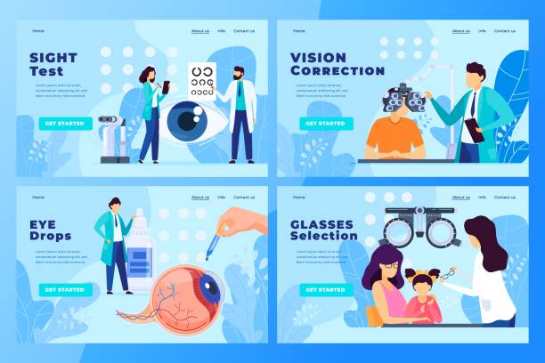 Ophthalmology medical clinic website design, vector illustration Ophthalmology medical clinic website design, vector illustration. Eyesight examination in professional healthcare center, vision correction, oculist cartoon character. Optical clinic concept optometrist stock illustrations
