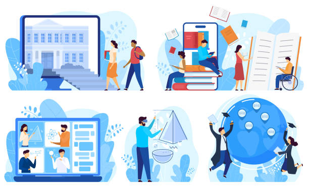 Distance education and online learning concept, vector illustration Distance education and online learning concept, vector illustration. Cartoon characters studying online, distance education program for international students and disabled people. Internet course student stock illustrations