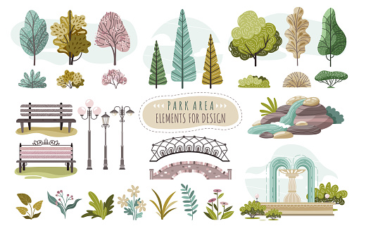 Set of isolated park elements, trees and flowers, vector illustration. Creative stickers with nature, park or forest. Different trees, bushes, bench, lamppost and fountain. Collection of nature icons