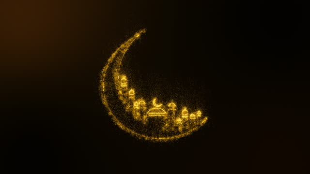 Animation abstract background of gold shining sparkles particle creating a crescent with mosque arabic, Ramadan Kareem . Dark and green screen background. Abstract glowing crescent.