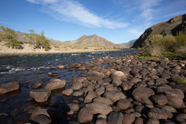 mountains and beautiful summer sky, panoramic view river big stones