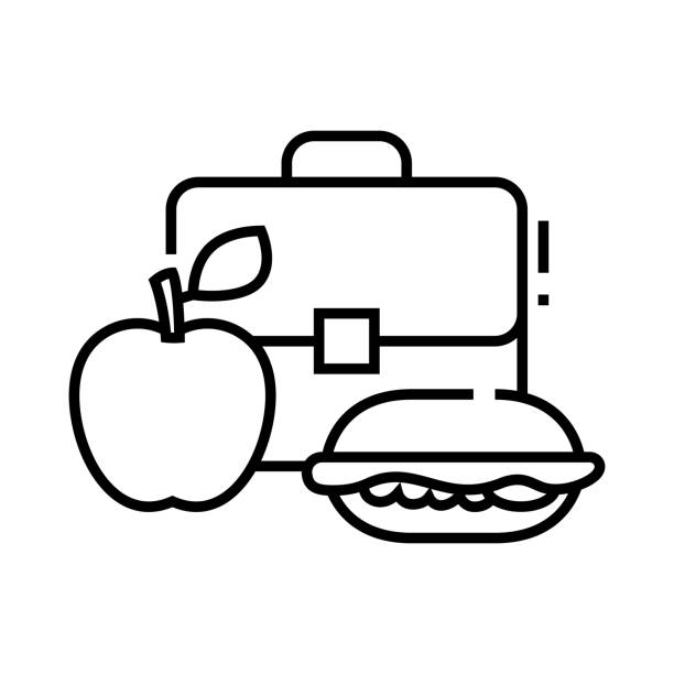 schul-dinner-linie-symbol, konzept-zeichen, umriss vektor-illustration, lineares symbol - lunch box packed lunch apple symbol stock-grafiken, -clipart, -cartoons und -symbole