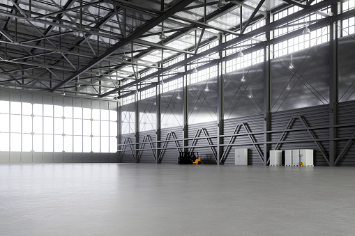 Empty airplane hangar. This is entirely 3D generated image.