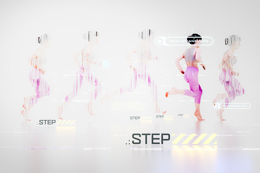 Woman running with various data screens. This is entirely 3D generated image.