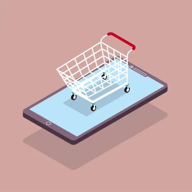 Vector illustration of Online shopping concept design, shopping cart in mobile phone. The background is brown.