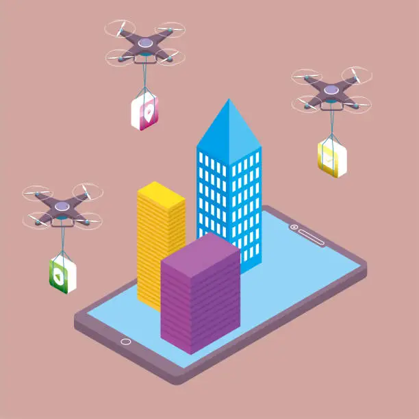 Vector illustration of City buildings on mobile phones. Drone carrying app icon.The background is brown.
