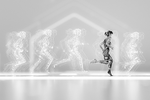 Woman running with various data screens. This is entirely 3D generated image.