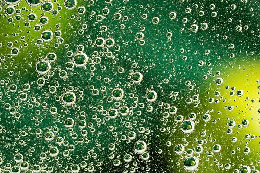 Abstract green background with oil circles . Bubbles of water close up . Oil bubbles in the water macro. Circle bubbles background.