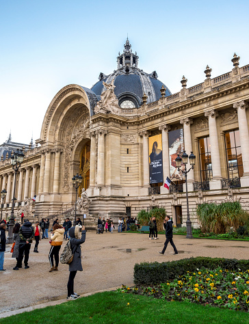 Visitors near the entrance to Petit Palais art museum, Paris, France, autumn season, November 2017