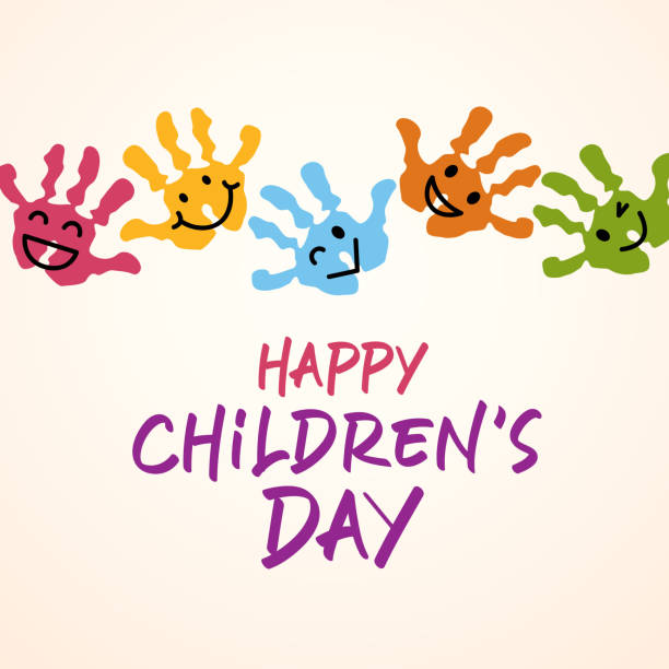 Children's Day Handprints Celebrate Children's Day with smiling faces drawing on kids hand-prints painting childrens rights stock illustrations